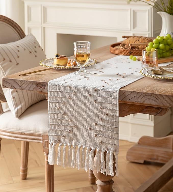 Boho Table Runner 13 x 72 Inch Long Natural Cotton Woven Runner with Tassels for Home Dining Table décor, for Modern Farmhouse Decor Coffee Table Runner, Taupe and Beige