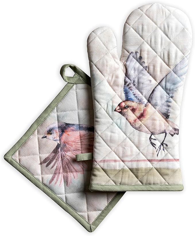 Maison d' Hermine 100% Cotton Oven Mitt & Pot Holder Set (7.5"x13" & 8"x8") Heat Resistant BBQ Cooking Gloves with Loop Baking Grilling Kitchen Gifts for Mothers Day Spring/Summer (Flying Birds)