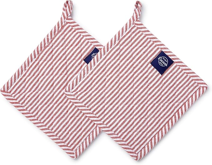 Encasa XO 8 inches Oven Microwave Potholders (2 pc Set) for Kitchen Cooking & Baking - Heat Resistant, Thick & Safe, Protection of Hands from Hot Utensils - Ticking Red