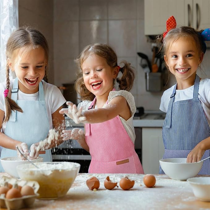 3 Pack Stripes Kids Apron, Adjustable Kids Cooking Aprons with 2 Pockets, Cute Chef Baking Aprons for Boys and Girls