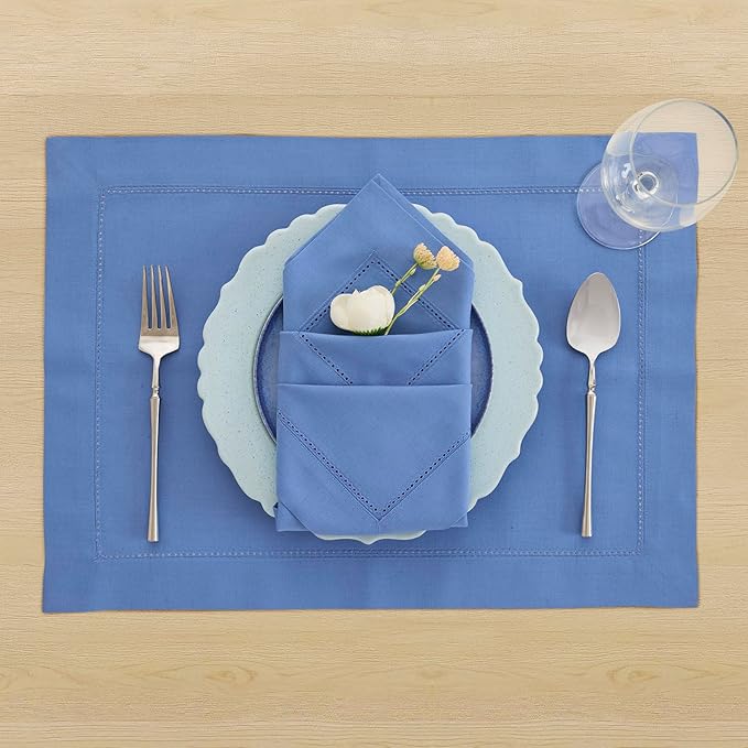 Solino Home Dusty Blue Napkins Set of 4 - Cotton Linen Hemstitch Dinner Napkins Cloth 20 x 20 Inch for Spring, Summer, Mothers Day - Handcrafted and Machine Washable