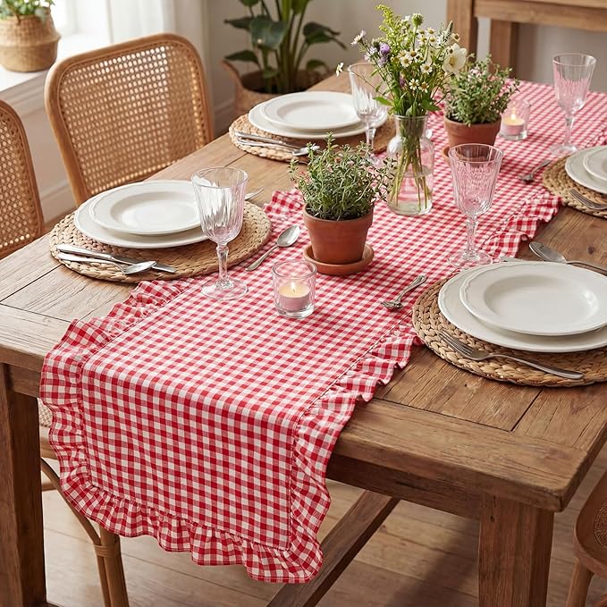 HunnmingRe 1 Pcs Red Plaid Gingham Ruffle Table Runner 118 x 13.8'' Farmhouse Table Runner 100% Cotton Scalloped Long Dresser Scarves for Dining Room, Wedding, Kitchen Rustic Home Decor