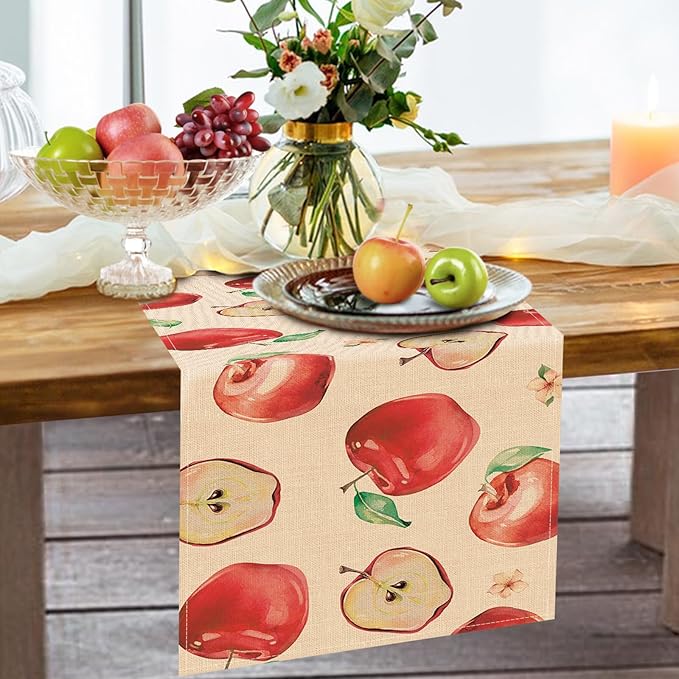Watercolor Apples Table Runner, Sweet Fruit Kitchen Dining Table Decoration, Spring Summer Burlap Indoor Outdoor Home Decor Party Supply 13 x 72 Inches