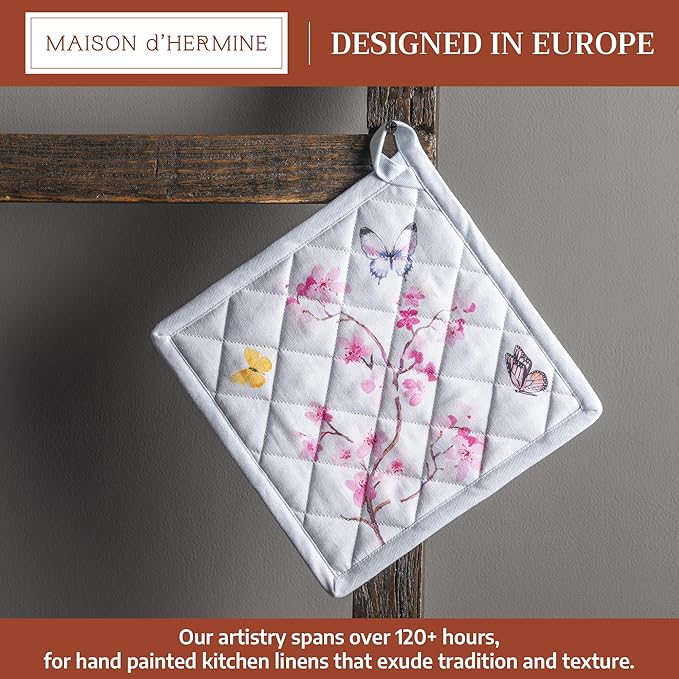 Maison d' Hermine Pot Holders 100% Cotton Heat Resistant Potholders 8" x 8" Hot Pads with Loop BBQ Baking Gifts for Mothers Day Handling Hot Pans Spring/Summer (Pack of 1, Blossoms in Spring)