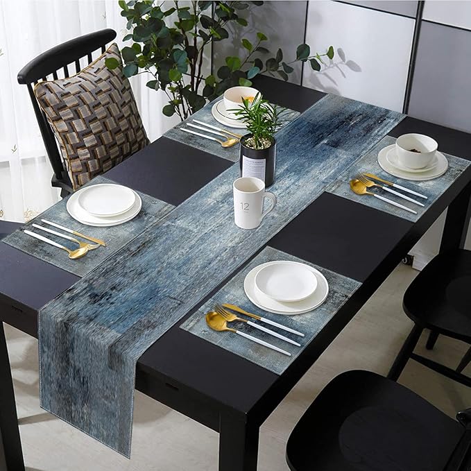 Emvency Vintage Blue Grey Table Runner and Placemats Set of 6, Modern Abstract Painting Art Dining Decor for Daily Use(1 Table Runner 72 inches Long and 6 Placemats)