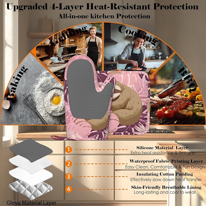 Pink Sloth Heat-Resistant Oven Mitts and Pot Holder Cute Animal Kitchen Non-Slip Silicone Cooking Microwave Gloves for Cooking Baking Grilling