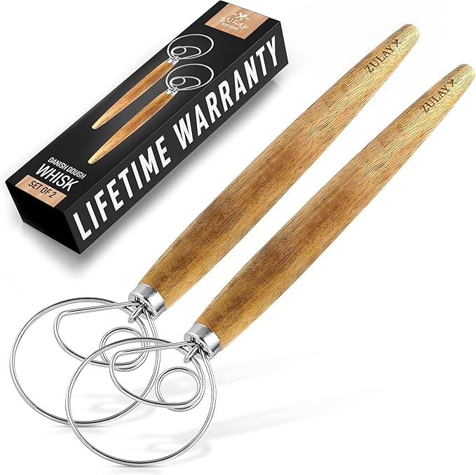 Zulay Kitchen 13-Inch Danish Dough Whisk - Stainless Steel Wooden Whisk with Dough Hook - Sourdough Whisk for Bread, Pizza, Pastry, Cake Batter & More - 2 Pack Acacia