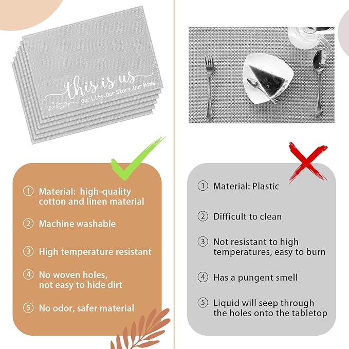 Farmhouse Placemats Set of 6 Linen Placemats 18x12'' Rustic Table Mats with Sayings Housewarming Gifts Country Tablemats Washable Cloth Place Mats for Farmhouse Table Setting(Grey)