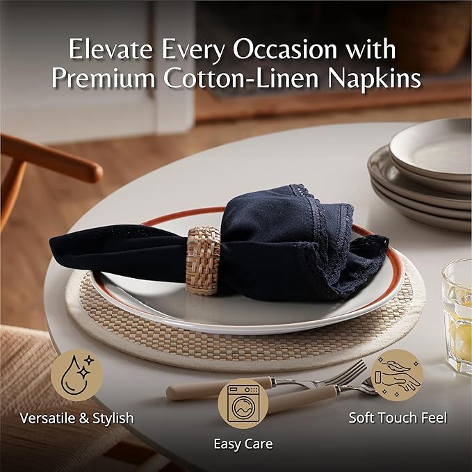 Ramanta Home Linen Flax Cloth Napkins Set of 24 Black, 18x18 Inch | Easter Premium Cotton Linen Flax Lace Soft & Durable | Washable Ideal for Spring Basket Décor, Wedding, Party, Kitchen, Everyday Use