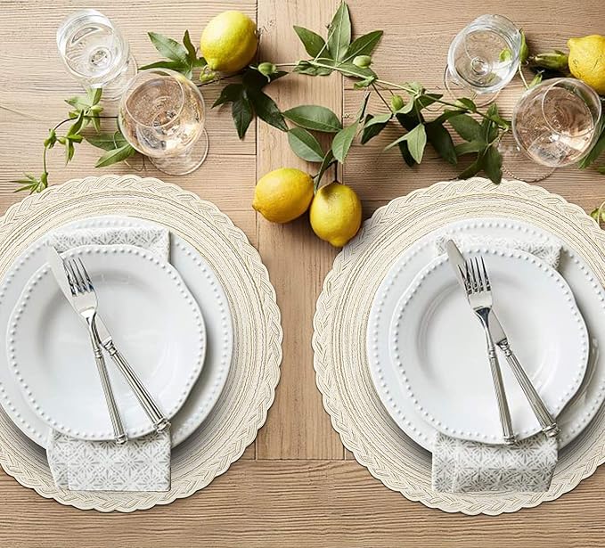 SHACOS Boho Round Placemats Set of 8 Braided Border Round Place Mats 15 inch Washable Dining Table Mats for Home Wedding Holiday Party (Ivory Bordered, 8)