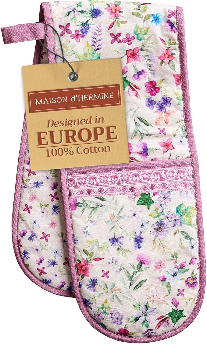 Maison d' Hermine Double Oven Mitts 100% Cotton 7"x35" Double Oven Mitt Heat Resistant BBQ Cooking Gloves with Loop Baking Grilling Gifts for Mothers Day Spring Summer (Chardon)