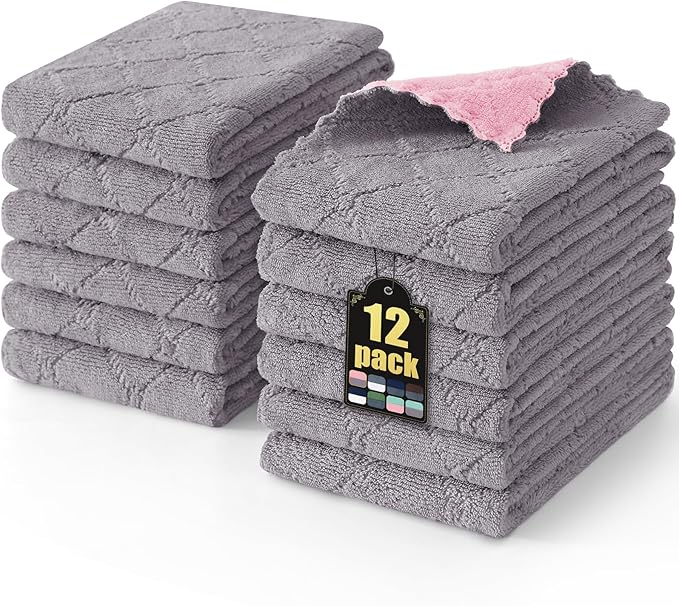 Mordimy 12 Pack Kitchen Towels (20" x 10", Grey & Pink), Super Soft and Absorbent Dish Towels, Coral Velvet Microfiber Cleaning Cloth, Nonstick Oil Fast Dry Dish Cloths
