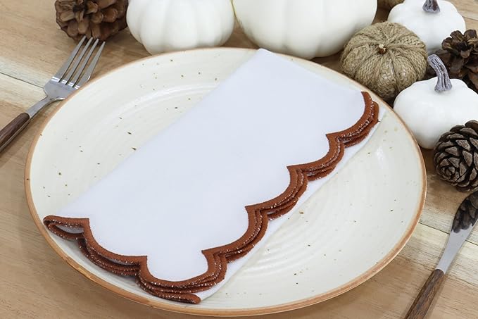 PurpleEssences Rust Scalloped Embroidery Cloth Napkins - Spring Easter Summer - Table Decor - 100% Cotton - Set of 4-18x18 inch - White - Edges - Rust