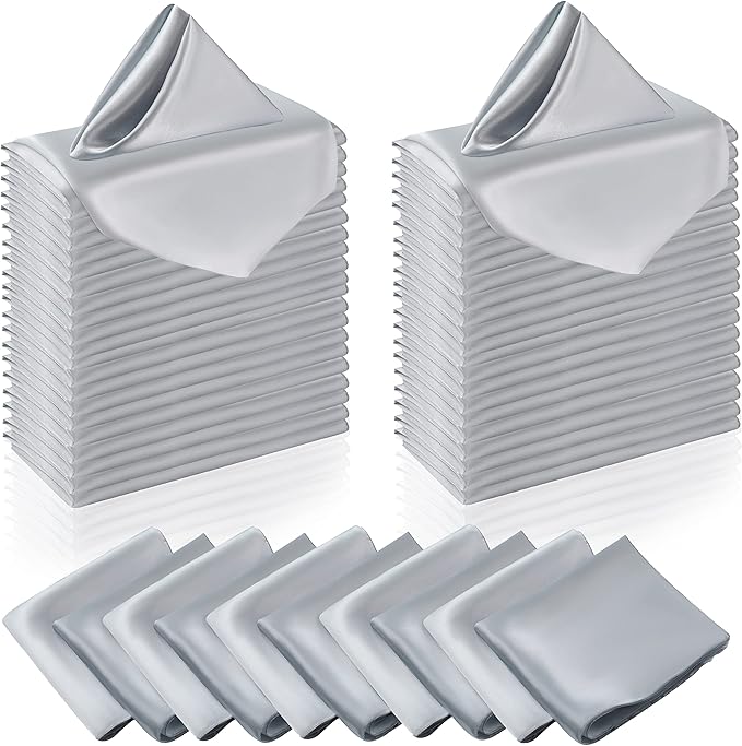 Manyshofu 50 Pieces Silver Satin Napkins - 12x12 Inches Cloth Napkins, Square Satin Fabric Napkin Set - Elegant & Smooth Table Napkins for Wedding Dinner Party Lunch Banquet Decoration