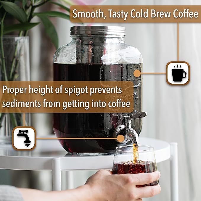 BTaT- 1 Gallon Cold Brew Coffee Maker, Thick Glass Pitcher with Stainless Steel Filter, Lid & Spigot, Iced Coffee & Sun Tea Brewer, Large Mason Jar Cold Brew Container, Fast Iced Tea Maker for Fridge