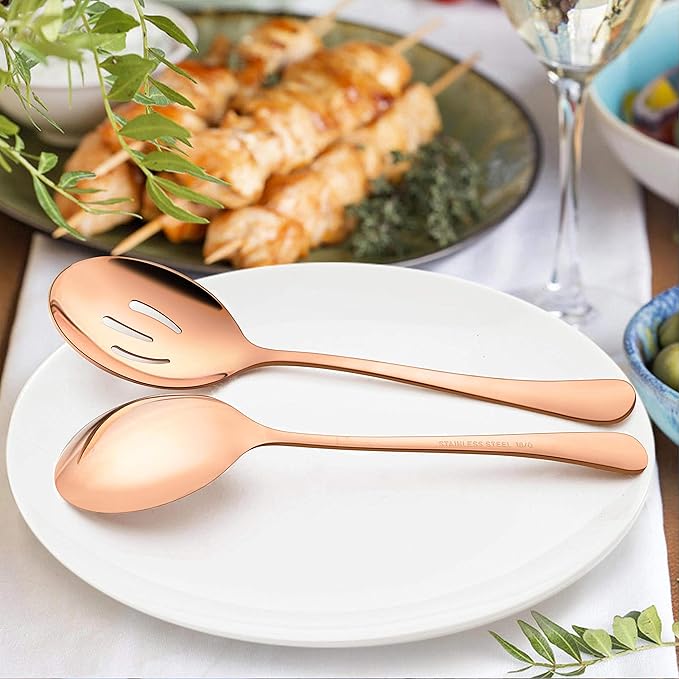 LIANYU 6-Piece Large Copper Serving Spoons, Stainless Steel Copper Slotted Spoons, Rose Gold Serving Utensils for Party Buffet Restaurant Banquet Dinner Catering, Dishwasher Safe, 9.8Inch