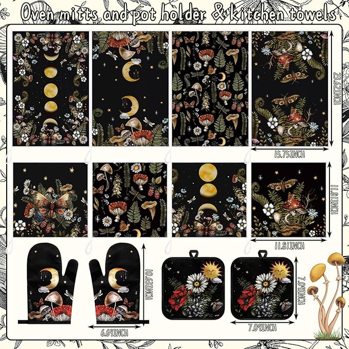12 Pcs Black Witchy Kitchen Decor Set 4 Mushroom Kitchentowels 4 Absorbent Dishcloths 2 Sun Moon Star Oven Mitts Gloves 2 Butterfly Rustic Pot Holders Sets for Home Decorations Mom Gifts