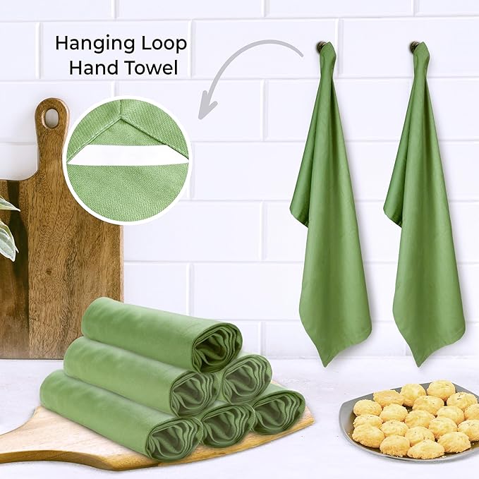Urban Villa Kitchen Towels 100% Cotton Dish Towels for Kitchen(Set of 6)20”x30” Dish Cloths Highly Absorbent Kitchen Linen Set with Hanging Loop Perfect for Drying Dishes Cleaning Hand Towels – Green