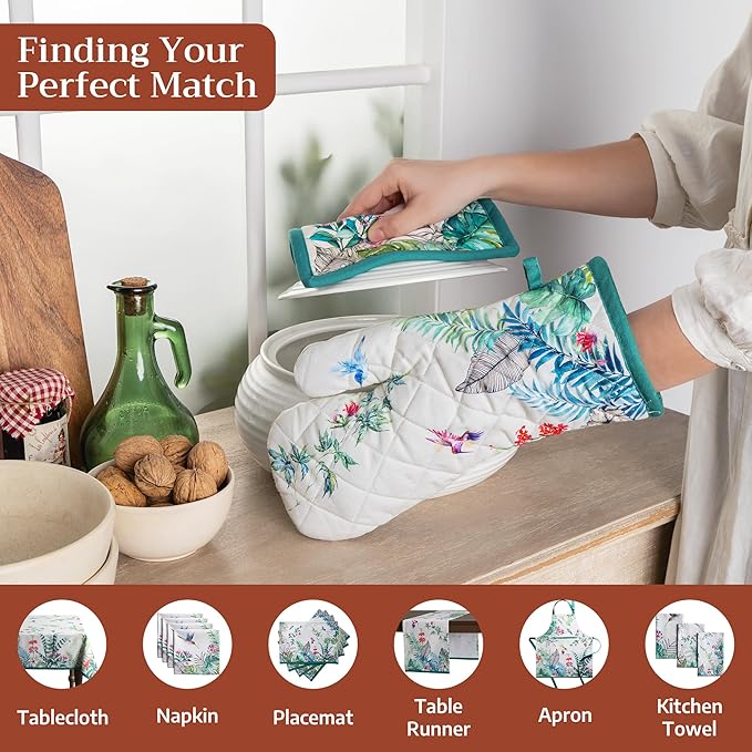 Maison d' Hermine 100% Cotton Oven Mitt & Pot Holder Set (7.5"x13" & 8"x8") Heat Resistant BBQ Cooking Gloves with Loop Baking Grilling Kitchen Gifts for Mothers Day Spring/Summer (Tropiques)
