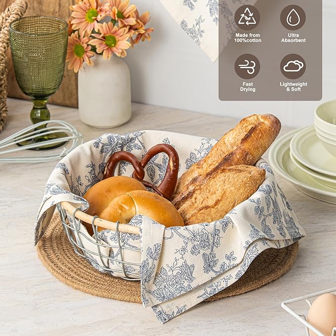 100% Cotton French Pastoral Kitchen Towels Set of 2, Decorative Flour Sack Tea Towels with Hanging Loop 18x25 Inch Absorbent Dish Cloths Farmhouse Home Decor, Blue