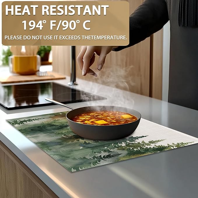 Set of 6 Washable Misty Forest Landscape Placemats Non-Slip Heat-Resistant 12x18 Inch Thick Decorative Linen Table Mats for Dining Table Home Décor