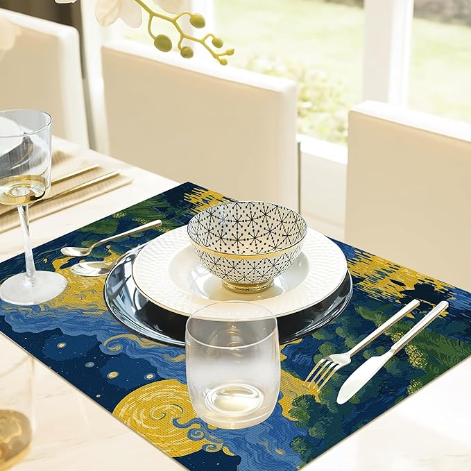 Van Gogh Style Watercolor Painting Placemats, 12 x 18 inch, Linen Table Runner Kitchen Dining Room Decor Holiday Decor Rustic Vintage Waterproof Washable Table Runner Set of 6