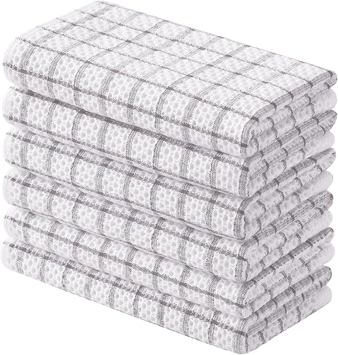 Homaxy 100% Cotton Kitchen Towels 6 Pack-15 X 25 Inches, Check Design Waffle Weave Hand Tea Towels, Super Soft and Absorbent Dish Towel for Drying Dishes, Light Grey