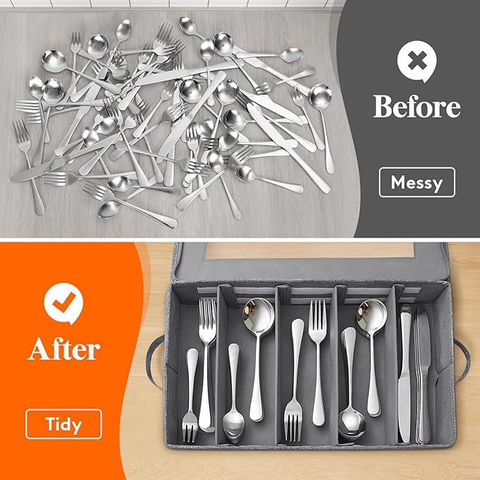 Lifewit Silverware Storage Box, Covered Flatware Organizer with Zipper Lid, 5 Compartment Cutlery Case with Adjustable Divider and Handle, Utensil Container for Spoon Fork Knives, 1 Pack