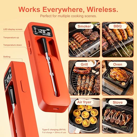 Smart Wireless Digital Meat Thermometer with Ceramic Probe, Food Thermometer Standalone Display Base 3000FT Range Real-time Monitoring ±0.5°F Accuracy,for BBQ/Oven/Grill/Smoker/Air Fryer