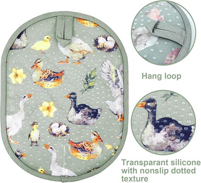 Pot Holders Set of 2 with Transparent Clear Silicone Shell and Nice Duck Flower Cotton Lining, Heat Resistant to 500 F Kitchen Oven Gloves Pot Holder for Cooking (Wathet Blue, Potholders)