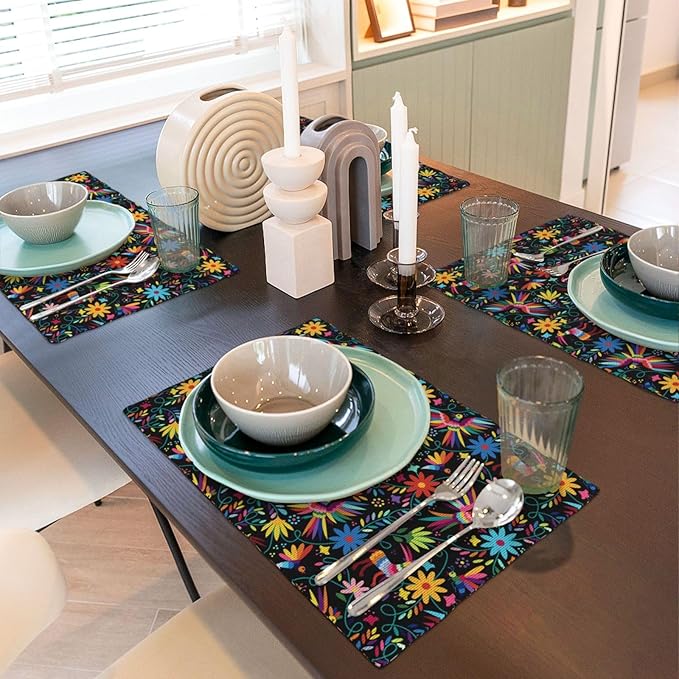 Mexican Folk Art Linen Placemats Set of 4, 12" x 18" Heat Resistant Washable Cute Kitchen Place Mats for Dining Table Fiesta Party FarmhouseCoffee Shop, Boho Home Decor & Gift for Cultural Art Lovers