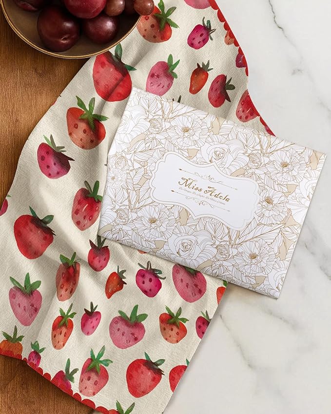 Miss Adola Flour Sack Kitchen Towels - Set of 2 Cotton Dish Towels with Hanging Loop Decorative 18x26 Inch Absorbent Cute Design for Housewarming Gifts, Strawberry
