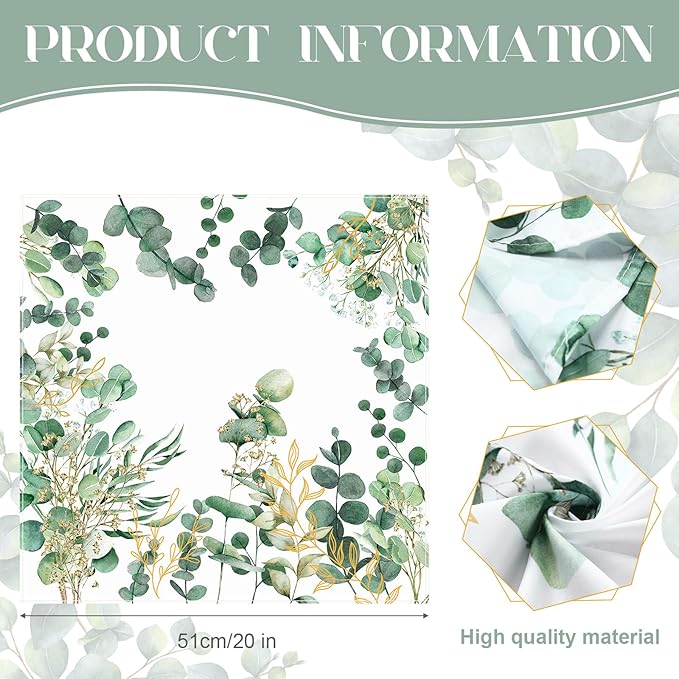 12 Pcs Eucalyptus Greenery Cloth Napkins 20"x20" Washable Dinner Tea Party Napkins for Kitchen Party Wedding Restaurant Indoor Outdoor Botanical Fresh Spring Summer