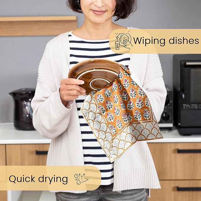 CPC Citrine Yellow Hand Block Print Waffle Kitchen Towel Set of 3-16 x 28 Inch Ultra Absorbent Quick Dry Cotton Dish Towels Lightweight Reusable Sustainable Tea Towels for Cleaning and Drying