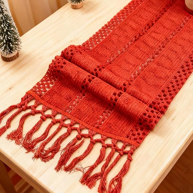 Niviy Christmas Table Runner for Red Tassel Home Decor 72 Inches Long, Winter Xmas Holiday Rustic Macrame Cotton Linen Woven Coffee Table Runners for Christmas Decorations Dining Table, Red