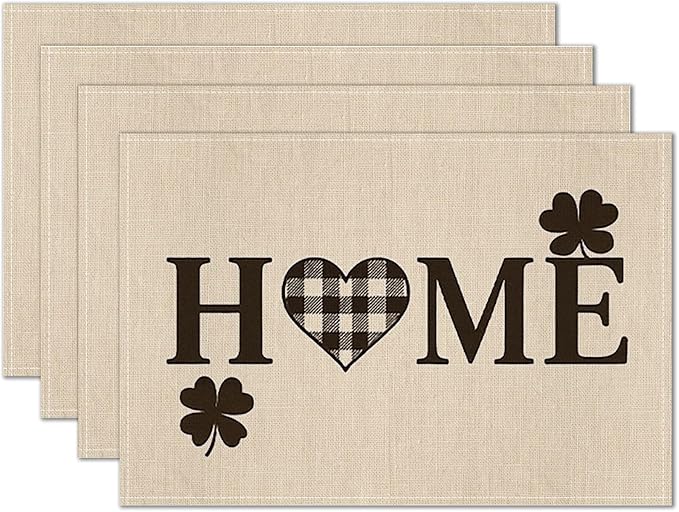 HOMETITUTE Home Placemats Set of 4 Linen 12x18 Inch Washable Table Mats with Buffalo Plaid Heart and Clover Design Decorative Table Placemats Set of 4 for Farmhouse Kitchen Dining Everyday Decor