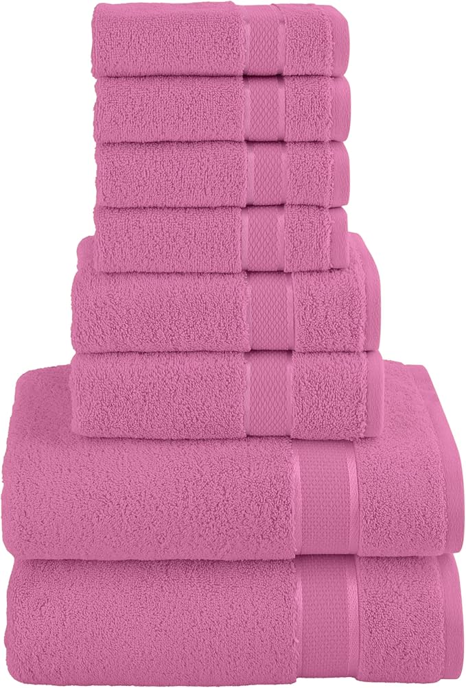 Elegant Comfort Premium Cotton 8-Piece Towel Set, Includes 4 Washcloths, 2 Hand Towels and 2 Bath Towels, 100% Turkish Cotton - Highly Absorbent and Super Soft Towels for Bathroom, Light Pink
