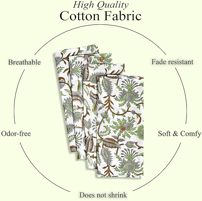 CPC Cloth Napkins Set of 4 Cotton Printed Dinner Hand Print Napkins I Wedding Cocktail Cloth Floral Napkins I 18x18 in I Mint Leaf