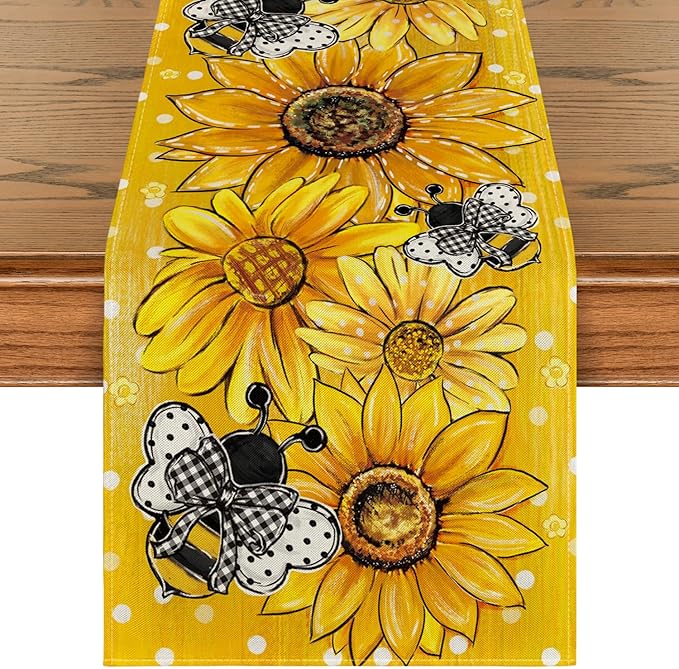 Artoid Mode Sunflower Bee Flower Polka Dot Summer Table Runner, Seasonal Kitchen Dining Table Decoration for Indoor Party Home 13x36 Inch