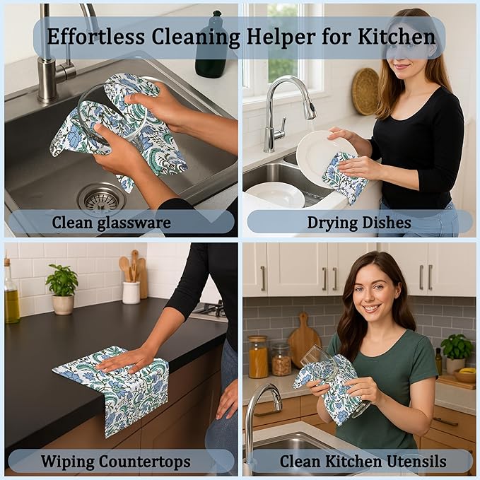 Ridhi Columbia Blue Hand Block Print Cotton Waffle Dish Cloth Set of 6-12x12 Inch Super Absorbent, Soft, Reusable Kitchen Towels for Dish Drying Cleaning, Ideal for Spring, Easter, Valentine