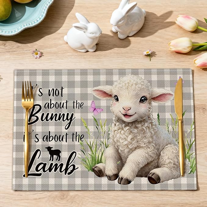 Easter Placemats Set of 4 12x18 inches, It's Not About the Bunny It's About the Lamb Easter Decor for Table, Party, Home - Farmhouse Spring Buffalo Plaid Lamb Table Mat Decroations