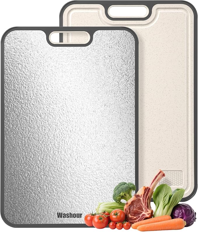 Stainless Steel Cutting Boards for Kitchen, Non Toxic 2-in-1 Cutting Board Double Sided, Food Grade Chopping Boards for Fresh Meat Vegetable, Easy to Clean Large Size 16”×11”