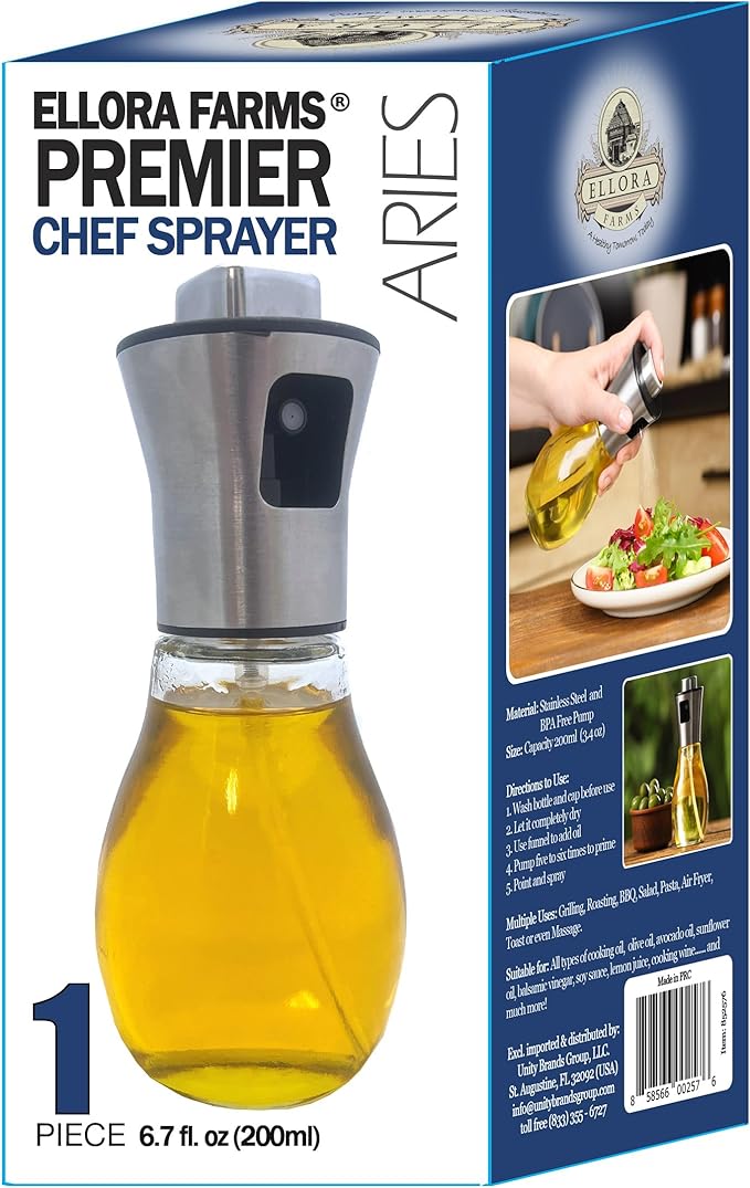 Ellora Farms, Aries Chef Premium Oil, Vinegar Mister or Sprayer, 200 ml (6.8 oz) Glass Spray Bottle with Stainless Steel top and Funnel, Pack of 1