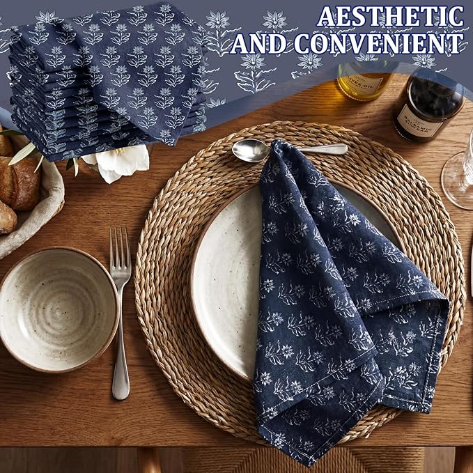 Mindsoft Set of 12 Floral Cloth Napkins Linen Cloth Napkins Spring Flower Wildflowers Dinner Napkin 18 x 18 Inch Vintage Washable Reusable for Dinner Home Restaurant Wedding Decor(Navy Blue,12 Pcs)