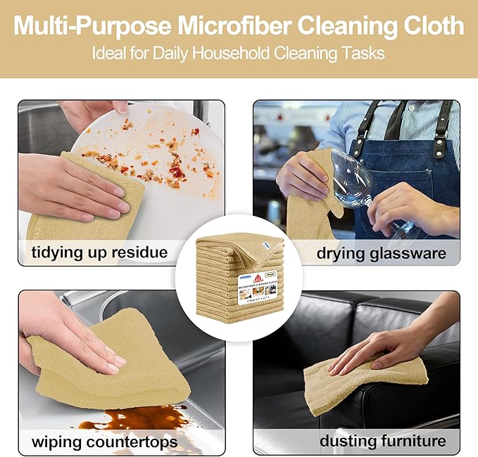 Microfiber Cleaning Cloth, 12 Pack Biege Cleaning Rags,12" X 11" Lint Free Dish Towels Wash Cloths, Reusable Microfiber Towels for Home and Kitchen Bathroom Apartment Cleaning Supplies