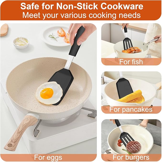 2 Pack Silicone Spatula Set, 600°F Heat Resistant Kitchen Spatula, BPA Free Solid & Slotted Turner, Flexible Cooking Utensils for Non Stick Frying Pan, Flipper for Eggs and Pancakes (Black)