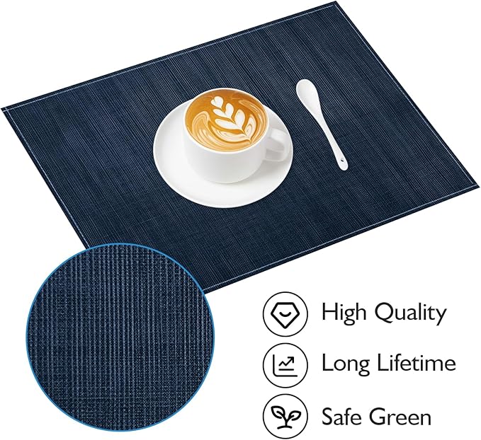 Niviy Dark Blue Placemats Set of 4, 12x18 Inch Washable Easy to Clean Heat-Resistant Anti-Skid Navy Blue Placemats for Holiday Party Kitchen Dining Room Decoration