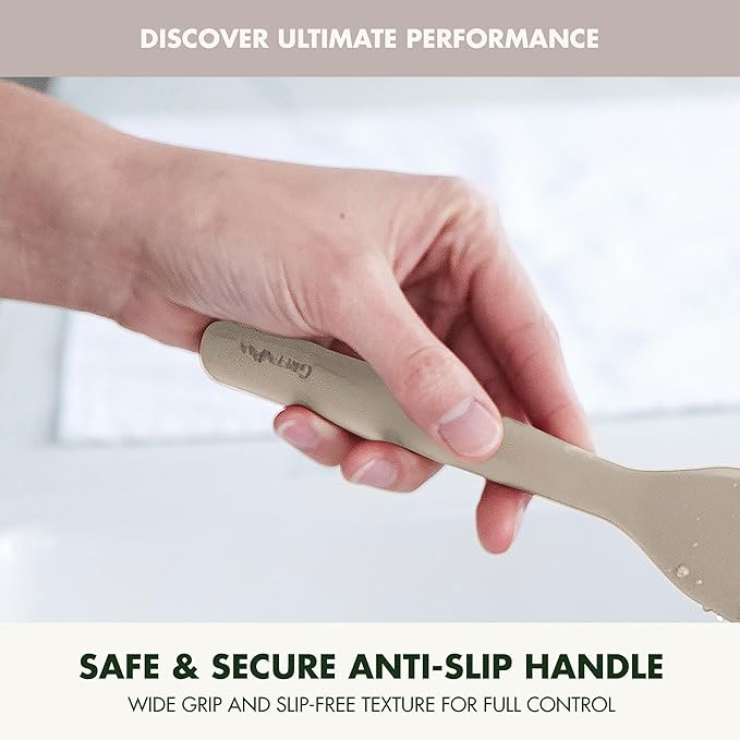GreenPan Silicone Sauté Spoon, Mixing Stirring Serving, Cooking Kitchen Utensil, Flexible Rubber Nonstick Cookware, Rigid Steel Core, Heat-Resistant, Anti-Slip Handle, BPA-Free, Dishwasher Safe, Taupe