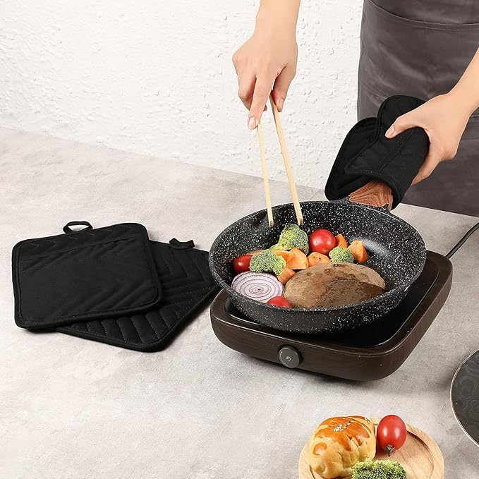 Oven Pot Holder with Pocket Cotton Heat Resistant Coaster Potholder Kitchen Hot Pad Oven Mitts for Cooking Square 7"x9" Set of 3 (Black)