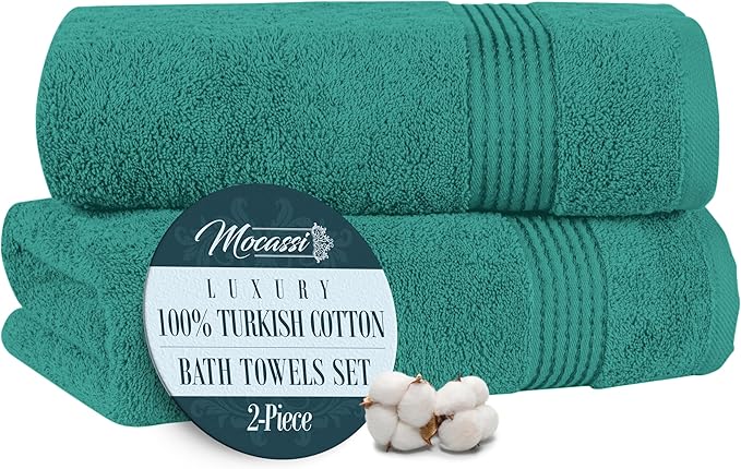 Mocassi Luxury 100% Turkish Cotton 2-Pack Bath Towel Set- Ultra Soft, Quick Dry Highly Absorbent 27 x 54 inch Premium Spa Hotel Quality 2PC Bath Towels - Luxurious Soft Bathroom Towels, Turquoise